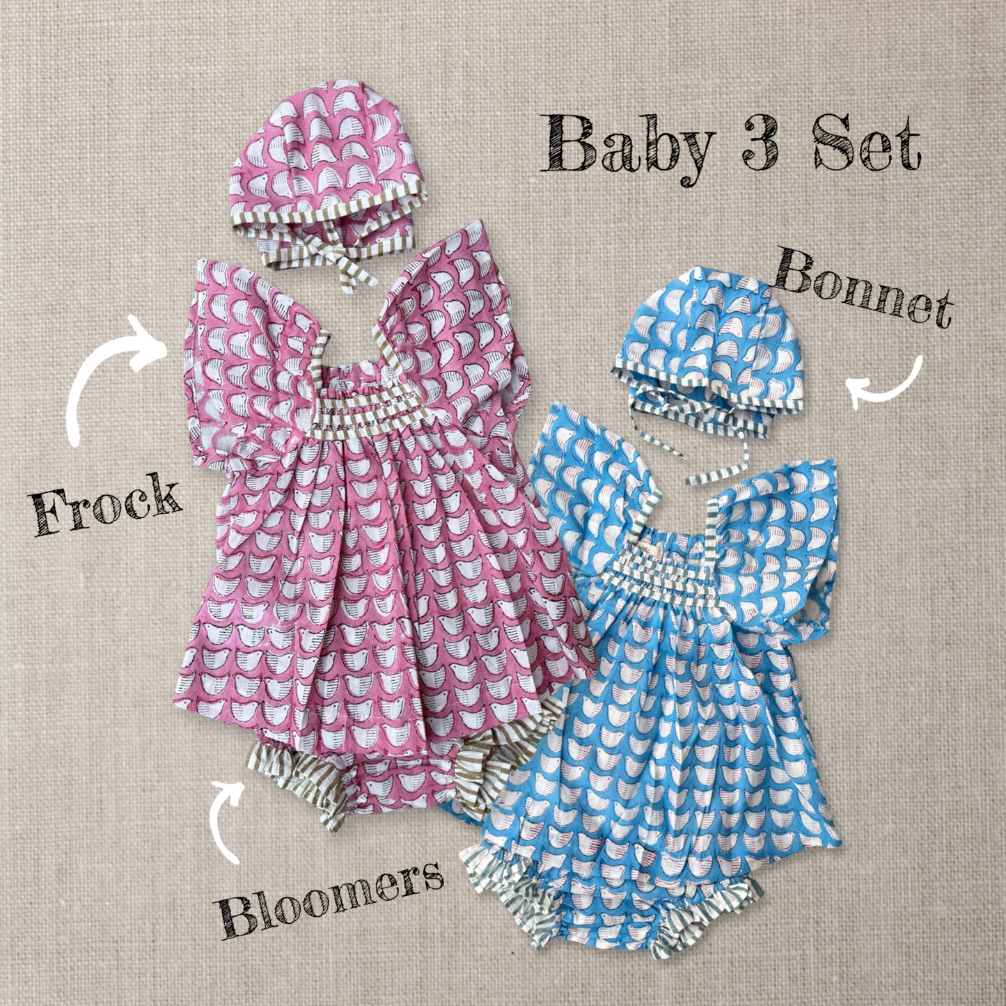 Baby 3 set of Bonnet / Frock / Bloomers 【Chick】