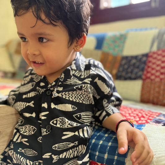 Open Collar Shirts -Block Print Cotton-