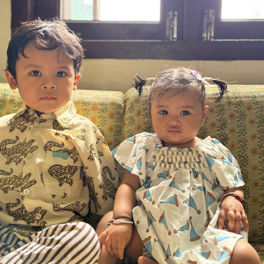 Boys Block Print Short Sleeve Shirt -Block Print Cotton-