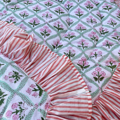 Baby Quilt Play Mat Heart Frill -Pink Flower × Pink Stripe-