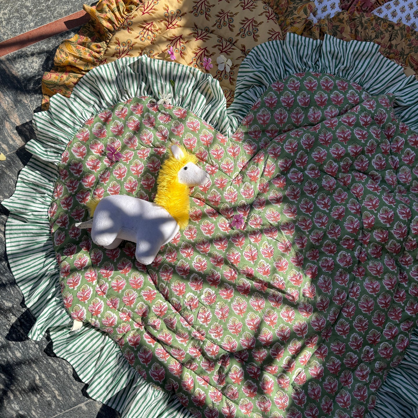 Baby Quilt Play Mat Heart Frill -Green × Green Stripe-