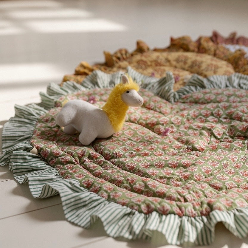Baby Quilt Play Mat Heart Frill -Green × Green Stripe-