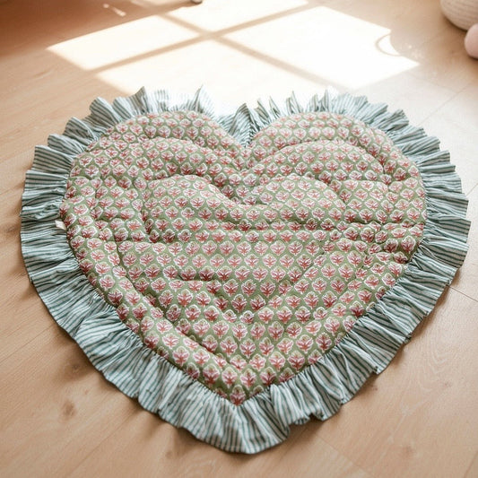 Baby Quilt Play Mat Heart Frill -Green × Green Stripe-