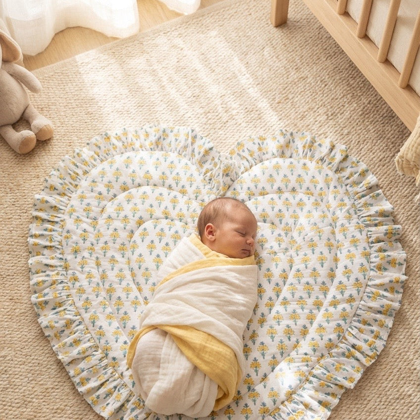 Baby Quilt Play Mat Heart Frill -White Yellow-