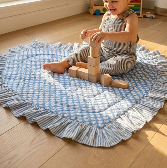 Baby Quilt Play Mat Heart Frill -Blue × Blue Stripe-