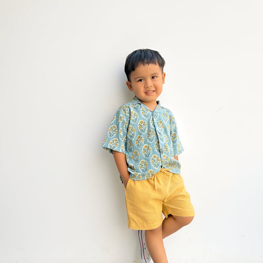 Boy Shirt and Short Set, Block Print × Khadi Cotton