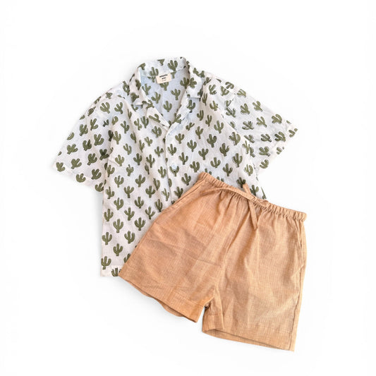 Boy Shirt and Short Set, Block Print × Khadi Cotton