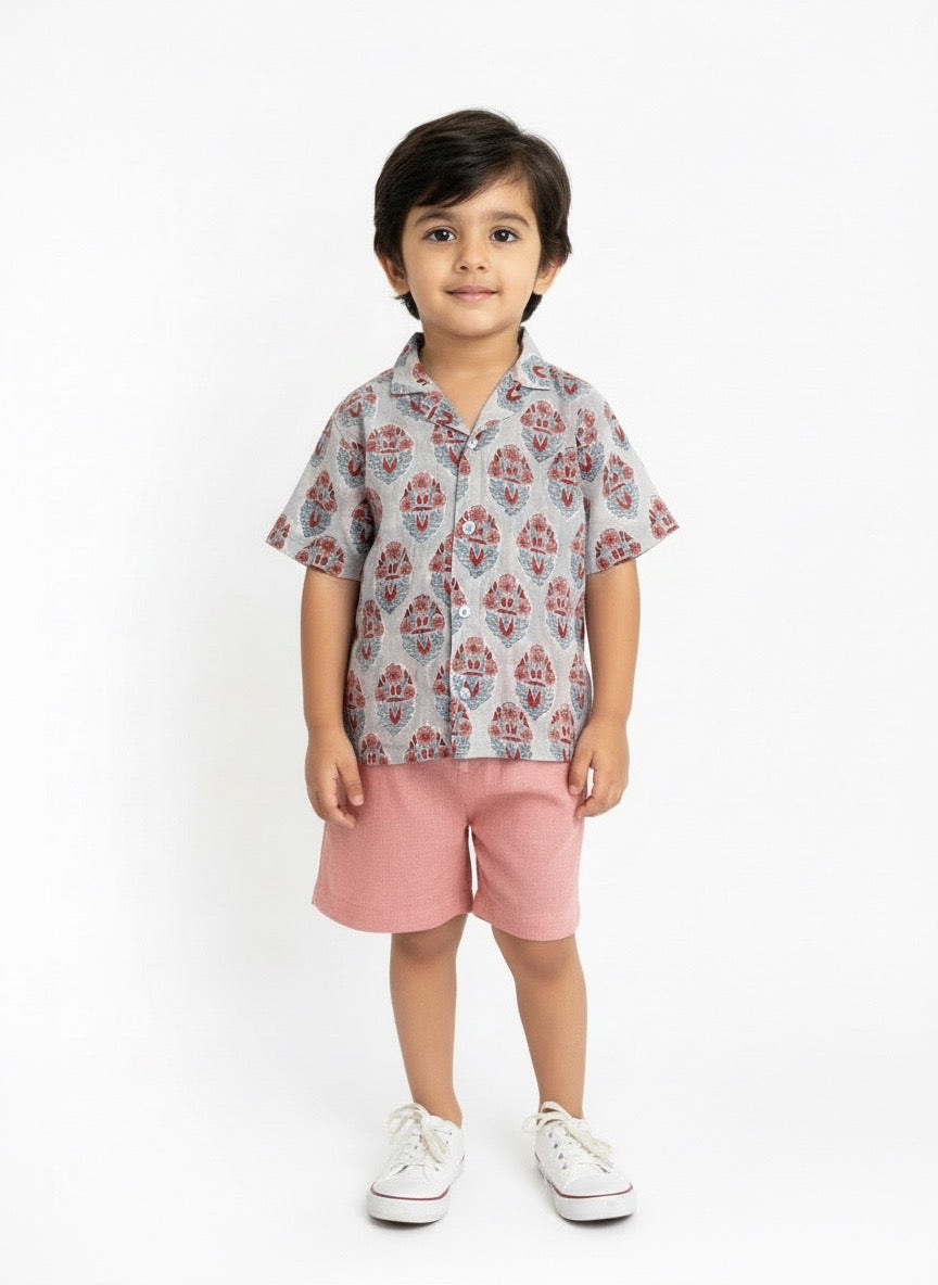 Boy Shirt and Short Set, Block Print × Khadi Cotton