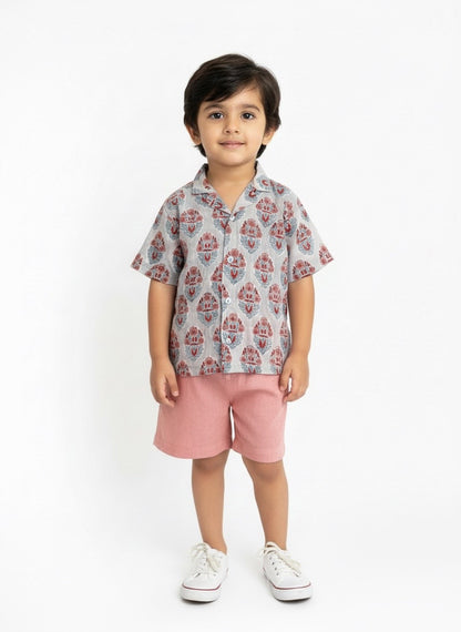 Boy Shirt and Short Set, Block Print × Khadi Cotton