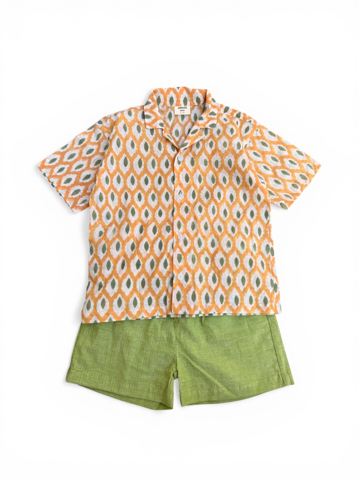 Boy Shirt and Short Set, Block Print × Khadi Cotton