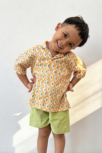 Boy Shirt and Short Set, Block Print × Khadi Cotton